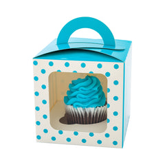 Pastry Tek Square Teal Paper Cupcake Window Box - Polka Dots, Fits 1 - 4 1/2