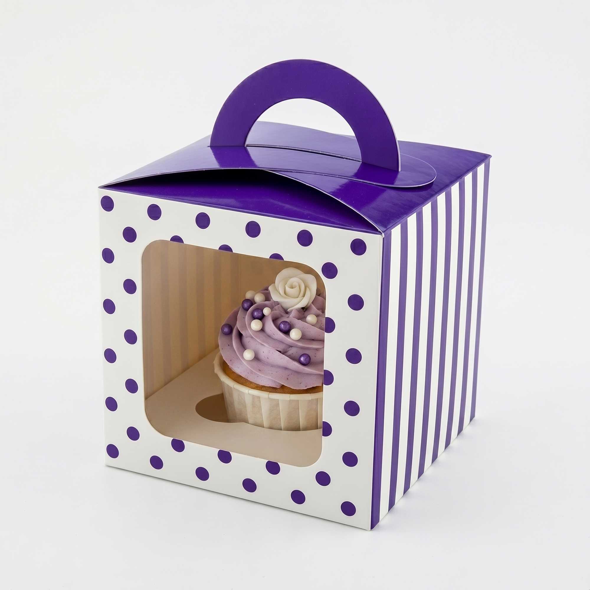 Pastry Tek Square Purple Paper Cupcake Window Box - Polka Dots, Fits 1 - 4 1/2" x 4 1/2" x 4 1/2" - 100 count box