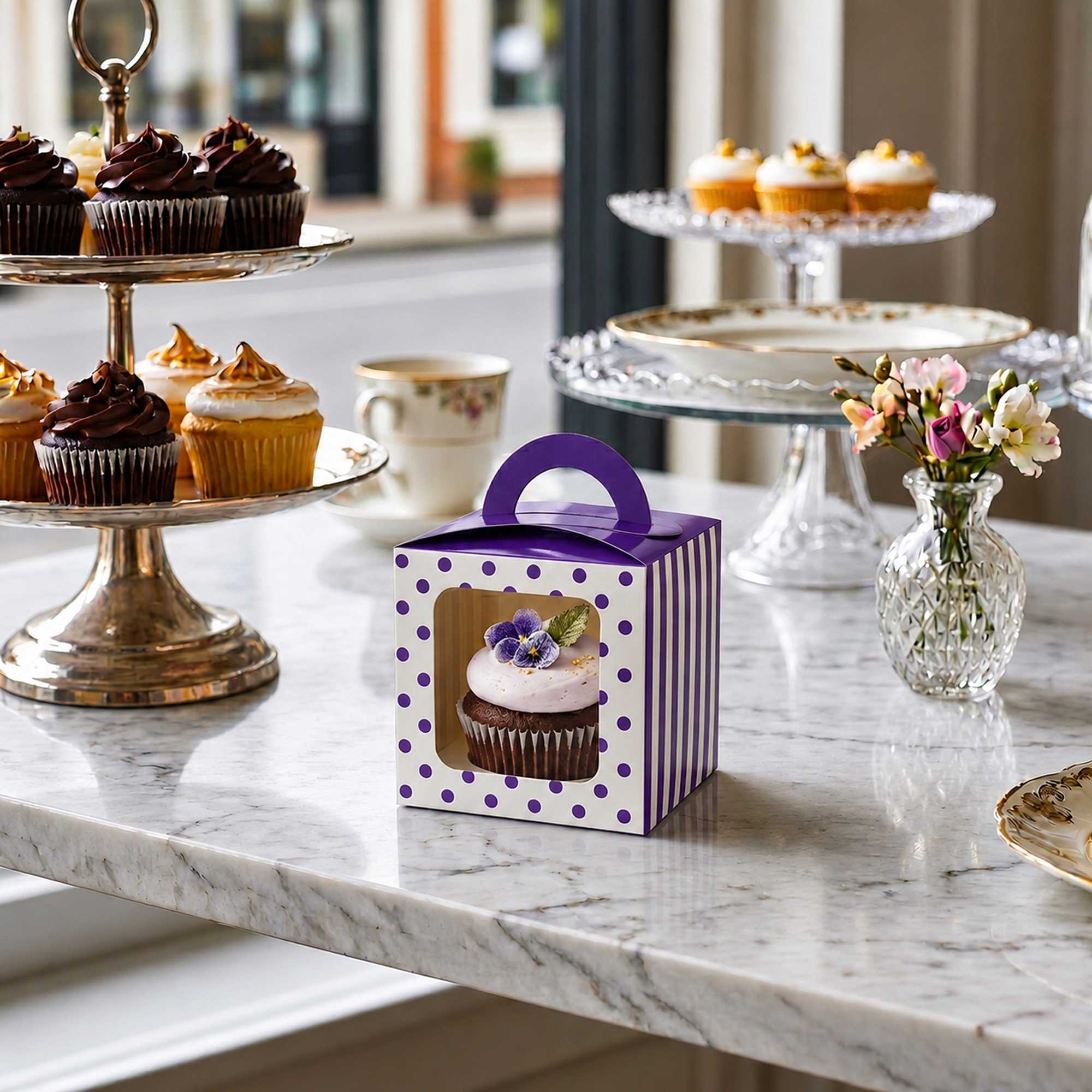 Pastry Tek Square Purple Paper Cupcake Window Box - Polka Dots, Fits 1 - 4 1/2" x 4 1/2" x 4 1/2" - 100 count box