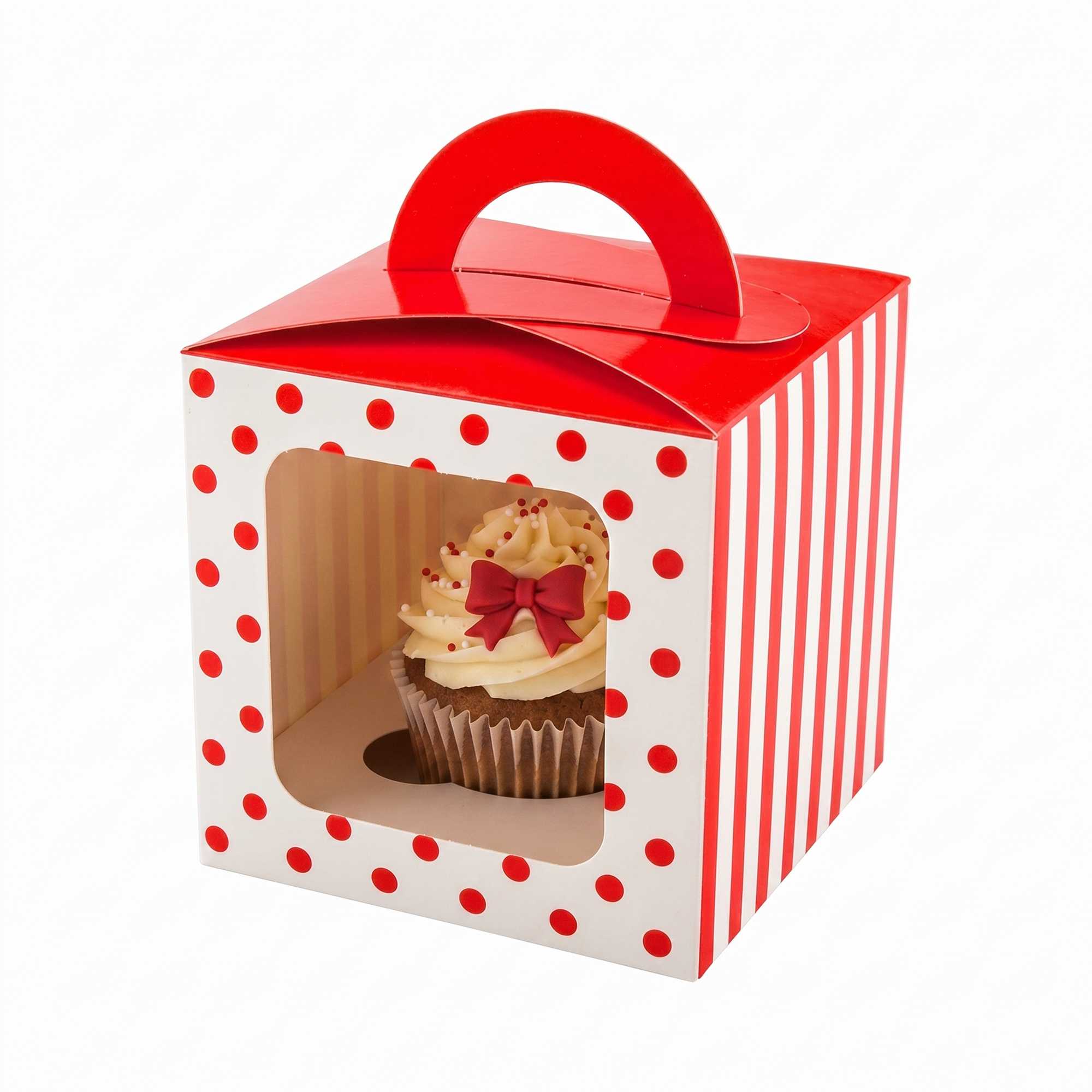 Pastry Tek Square Red Paper Cupcake Window Box - Polka Dots, Fits 1 - 4 1/2" x 4 1/2" x 4 1/2" - 100 count box