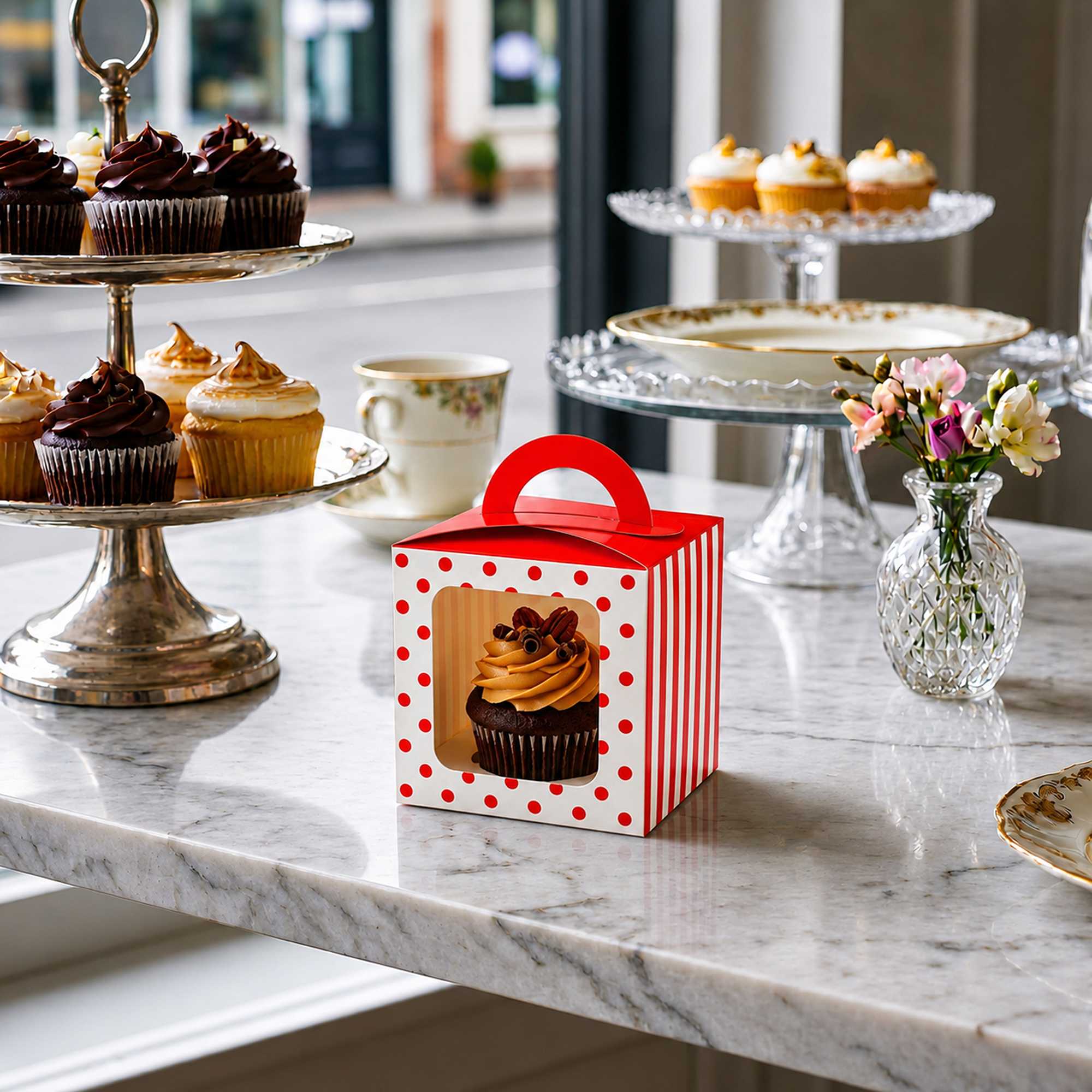 Pastry Tek Square Red Paper Cupcake Window Box - Polka Dots, Fits 1 - 4 1/2" x 4 1/2" x 4 1/2" - 100 count box