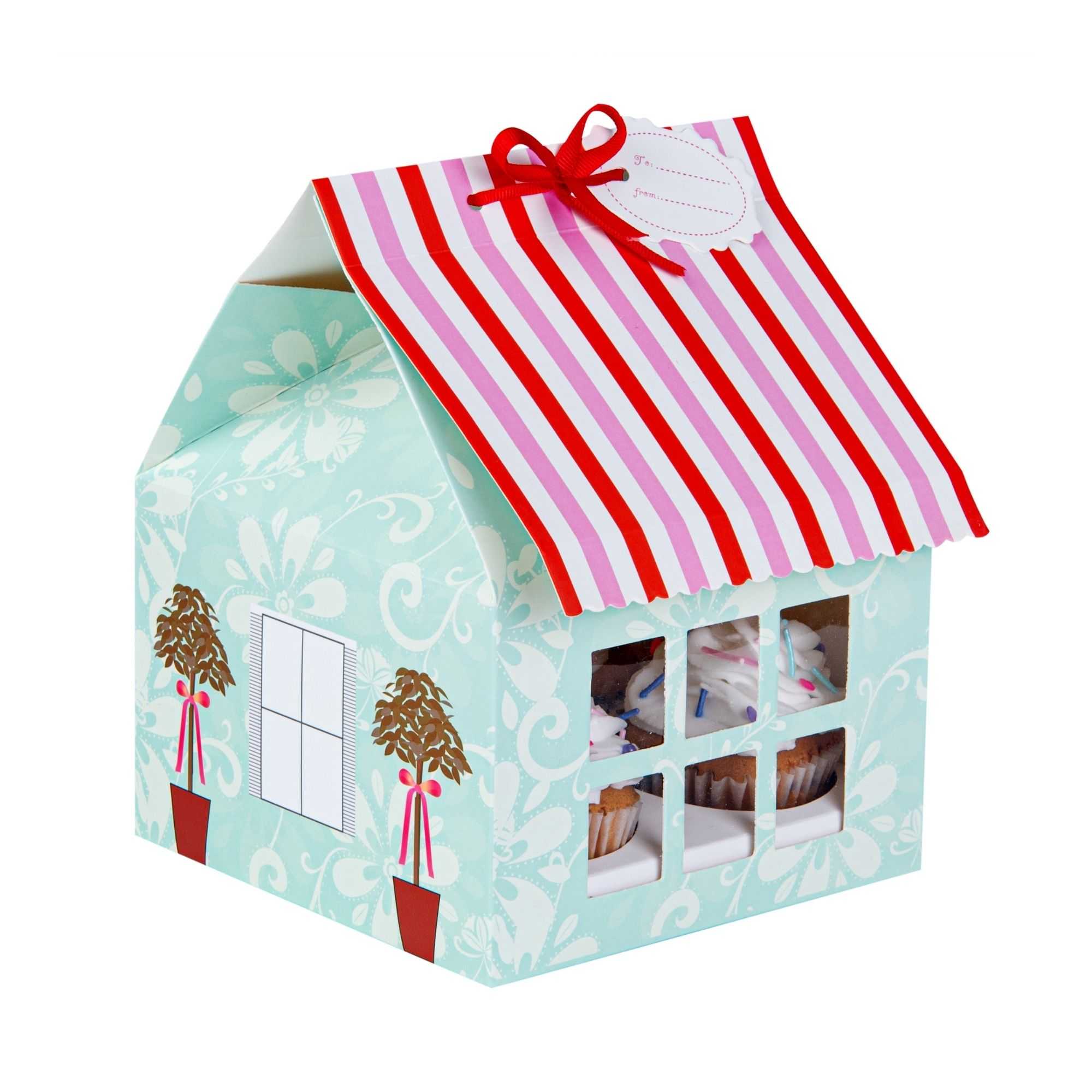 Pastry Tek Pink and Blue Paper Petite House Cupcake Window Gift Box - Fits 4 - 6" x 6" x 7 3/4" - 100 count box