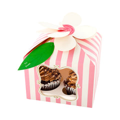 Pastry Tek Pink Paper Flower Top Cupcake Window Gift Box - Stripes, Fits 4 - 7