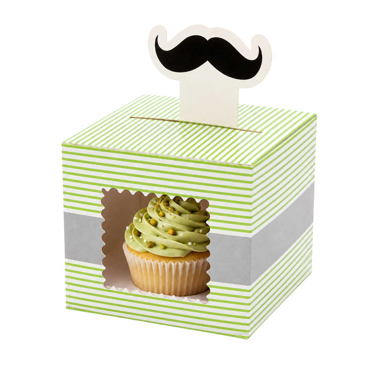 Pastry Tek Square Green Paper Moustache Cupcake Window Box - Gray Stripe, Fits 1 - 4" x 4" x 4" - 100 count box