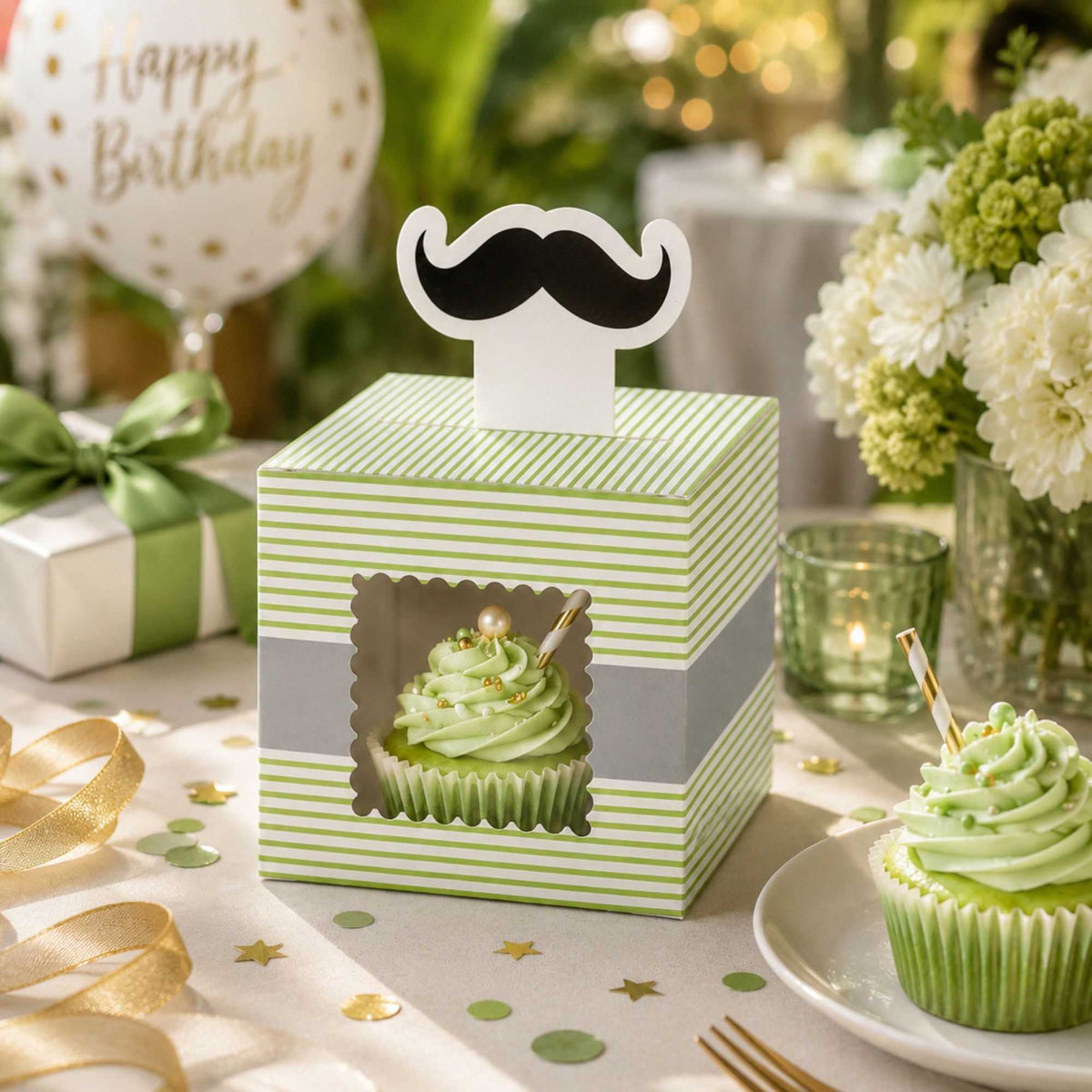 Pastry Tek Square Green Paper Moustache Cupcake Window Box - Gray Stripe, Fits 1 - 4" x 4" x 4" - 100 count box