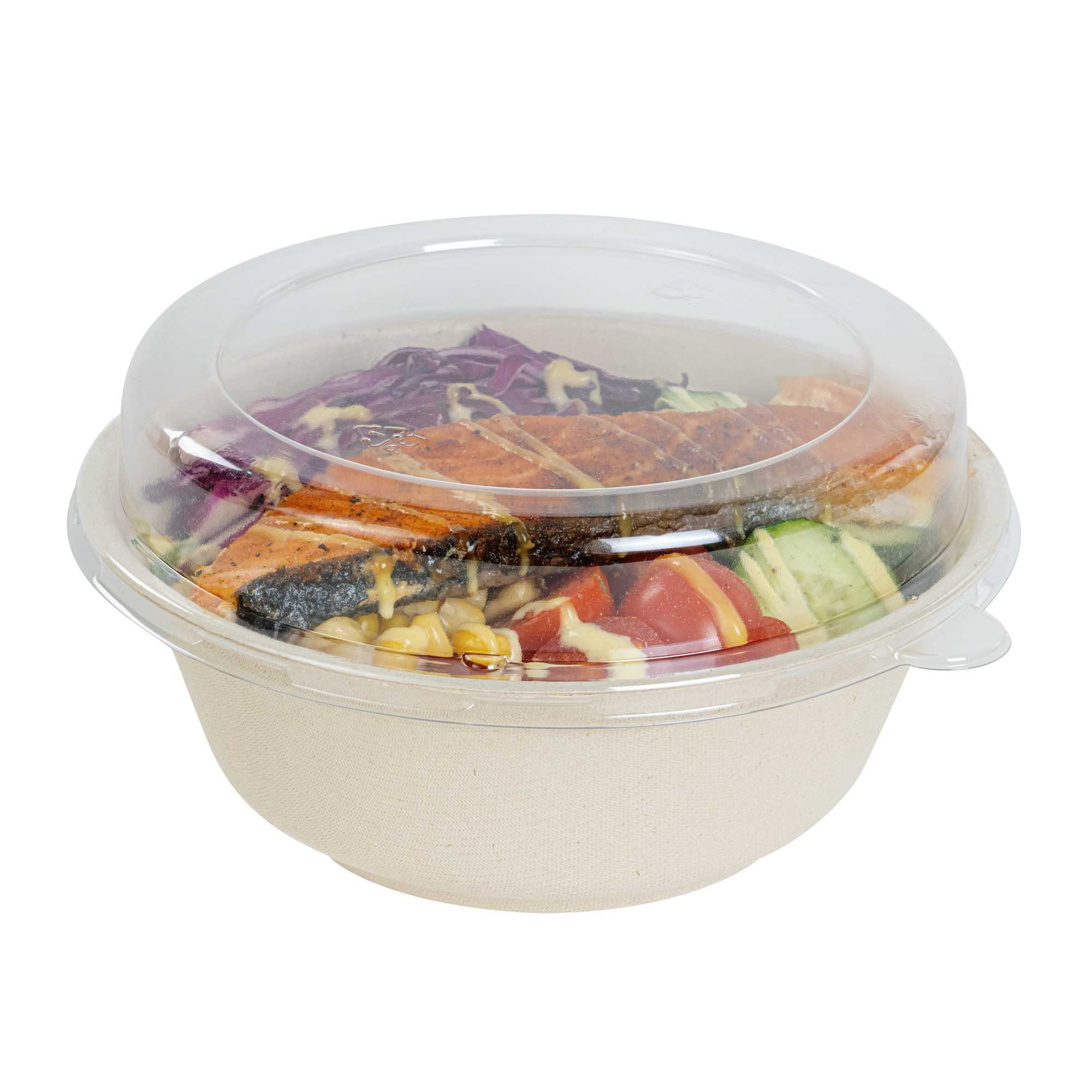 Pulp Safe Round Clear Plastic Dome Lid - Fits 32 oz Bagasse Salad Bowl - 100 count box
