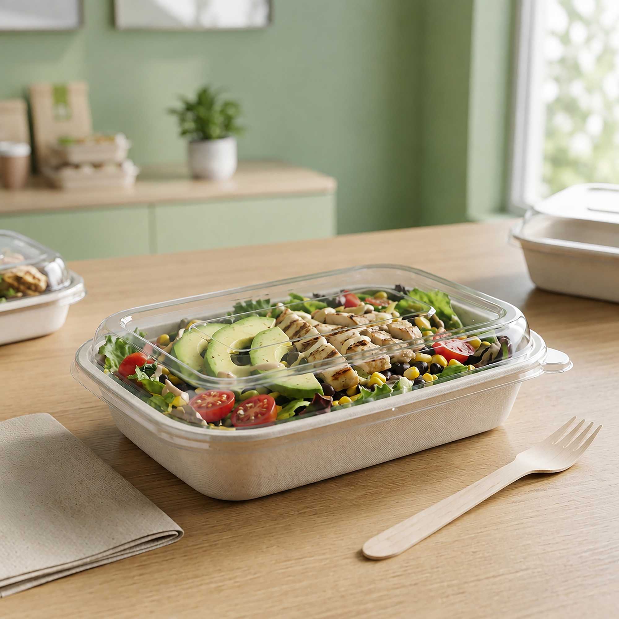 Pulp Tek Rectangle Clear Plastic Dome Lid - Fits 24 and 32 oz Bagasse Container - 100 count box