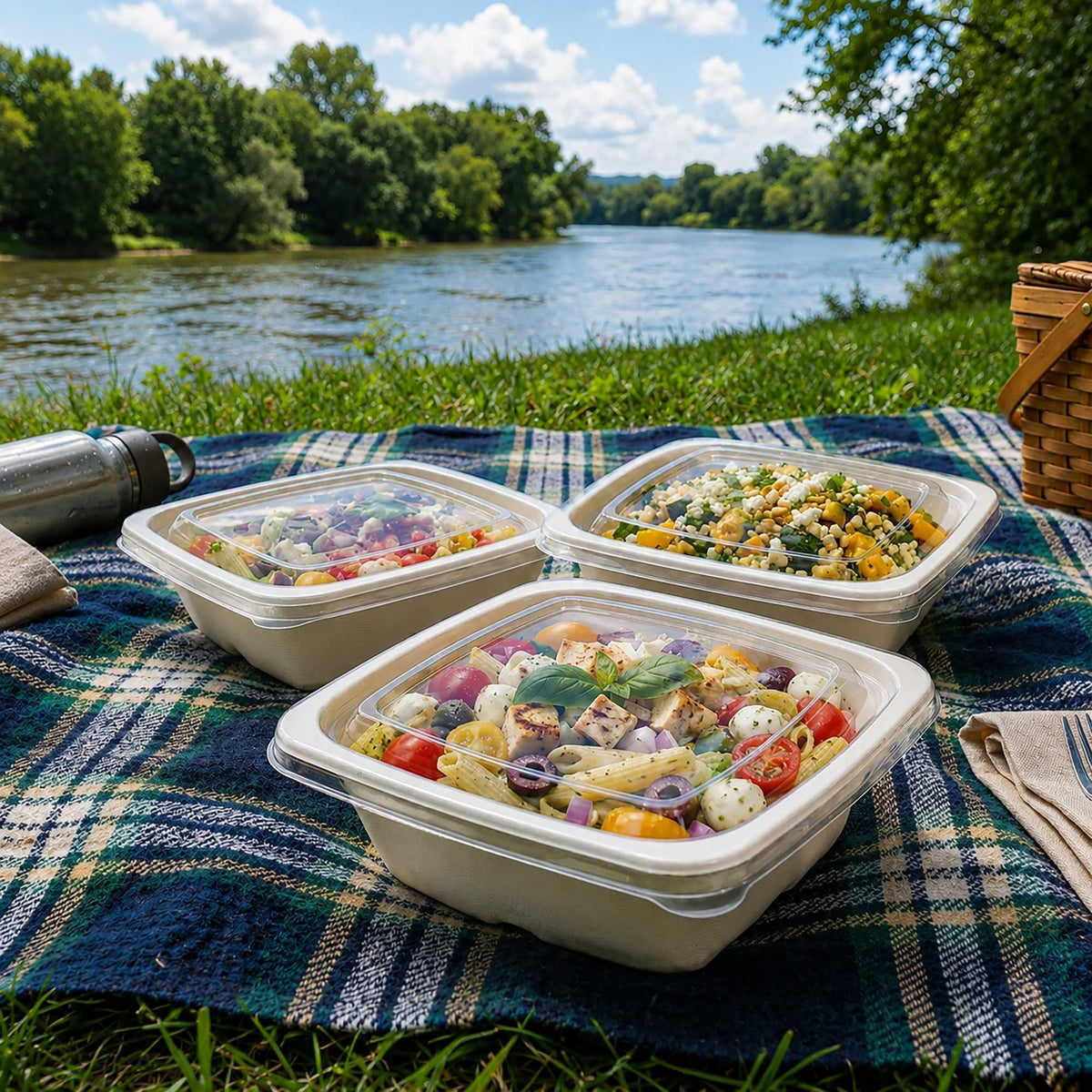 Pulp Tek Square Clear Plastic Flat Lid - Fits 24, 32 and 42 oz Bagasse Tall Bowl - 100 count box