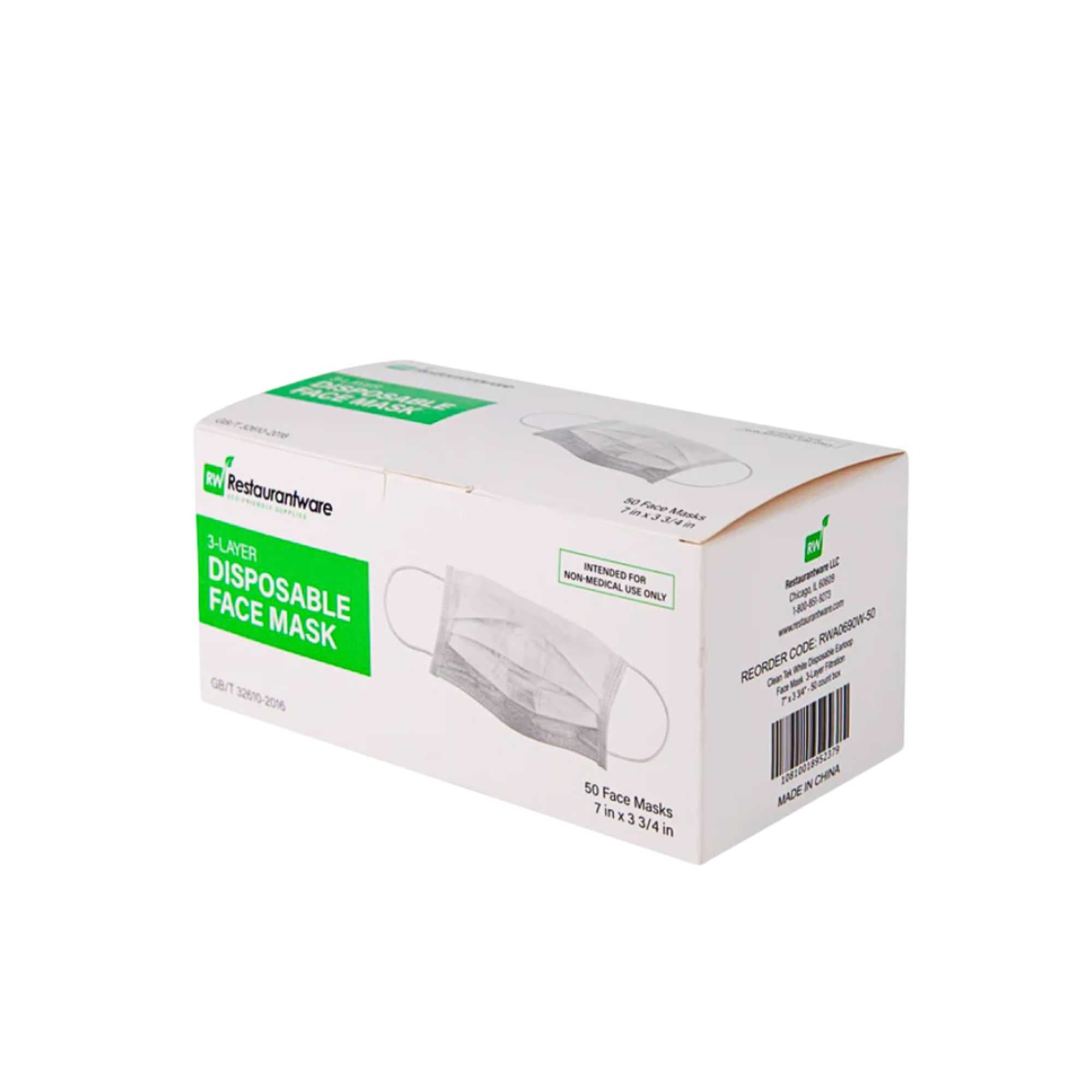 Clean Tek Professional White Disposable Earloop Face Mask - 3-Layer Filtration - 7" x 3 3/4" - 50 count box