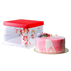 Sweet Vision Square Clear Plastic Cake Box - Red Lid / Ribbon, White Base, Flower / Bird Accent - 8 1/2