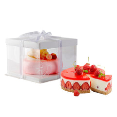 Sweet Vision Square Clear Plastic Cake Box - White Lid and White Base, Gray Ribbon, Lotus Accent - 8 1/2