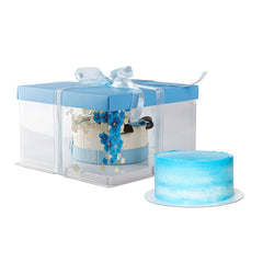 Sweet Vision Square Clear Plastic Cake Box - Blue Lid and White Base, Blue Ribbon, Flower Accent - 10