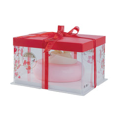 Sweet Vision Square Clear Plastic Cake Box - Red Lid and White Base, Red Ribbon, Flower / Bird Accent - 10