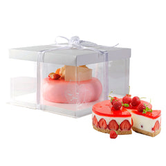 Sweet Vision Square Clear Plastic Cake Box - White Lid and White Base, Gray Ribbon, Lotus Accent - 10