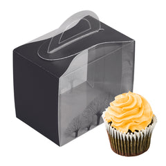 Sweet Vision Rectangle Clear Plastic Cupcake Box - with Handle, Black Paper Wrap, Tree Accent - 5