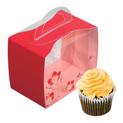 Sweet Vision Rectangle Clear Plastic Cupcake Box - with Handle, Red Paper Wrap, Flower / Bird Accent - 5
