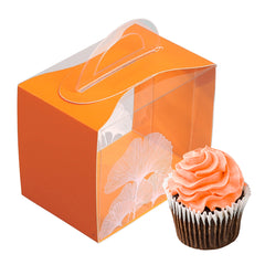 Sweet Vision Rectangle Clear Plastic Cupcake Box - with Handle, Orange Paper Wrap, Leaf Accent - 5