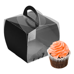 Sweet Vision Square Clear Plastic Cupcake Box - with Handle, Black Paper Wrap, Tree Accent - 4