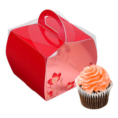 Sweet Vision Square Clear Plastic Cupcake Box - with Handle, Red Paper Wrap, Flower / Bird Accent - 4