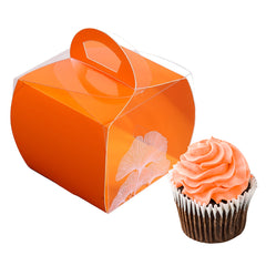 Sweet Vision Square Clear Plastic Cupcake Box - with Handle, Orange Paper Wrap, Leaf Accent - 4