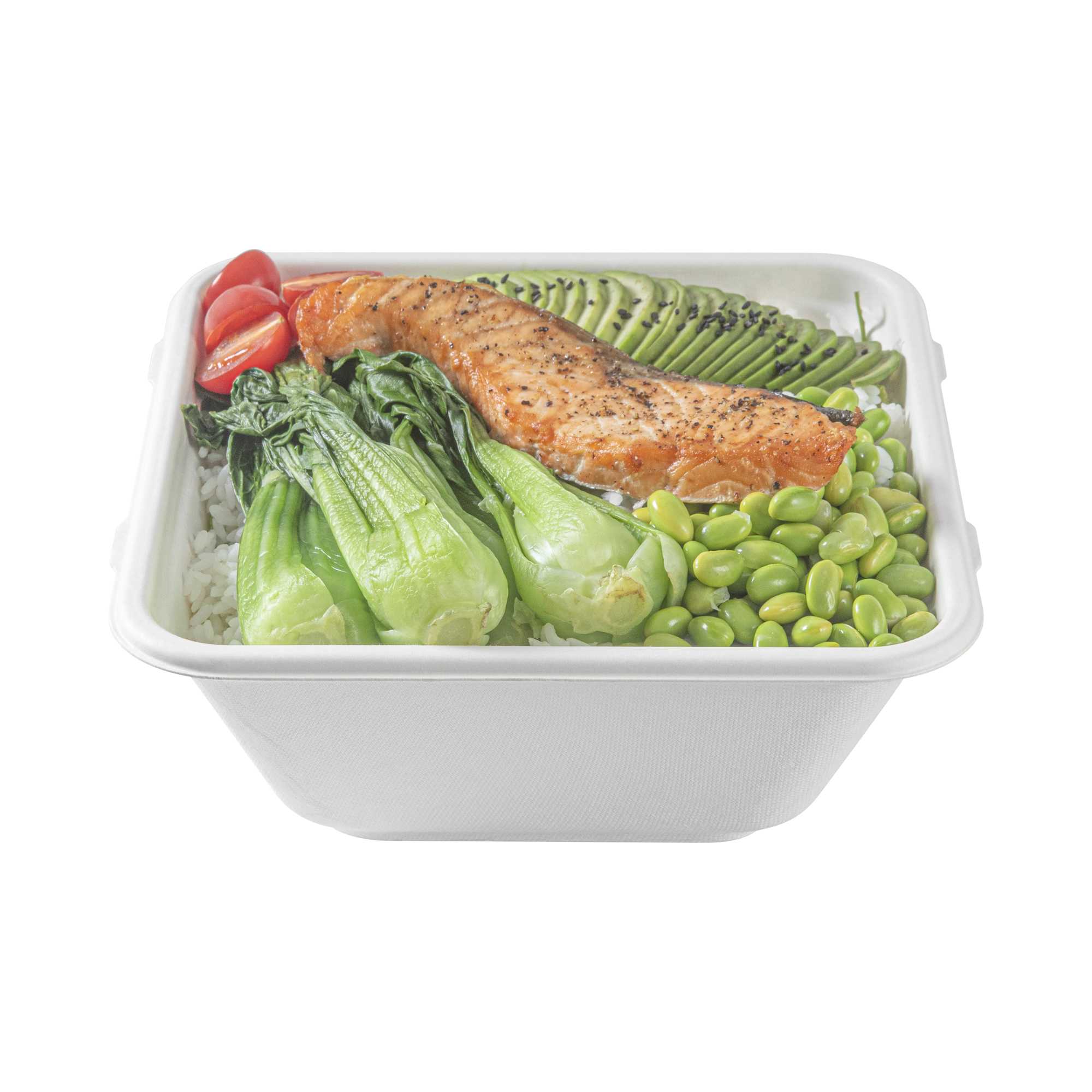 Pulp Safe No PFAS Added 80 oz Square White Sugarcane / Bagasse Serving Bowl - Home Compostable - 8 1/2" x 8 1/2" x 3 1/2" - 100 count box