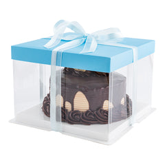 Sweet Vision Square Clear Plastic Cake Box - Blue Lid and White Base, Blue Ribbon - 8 1/2
