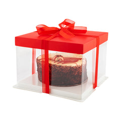 Sweet Vision Square Clear Plastic Cake Box - Red Lid and White Base, Red Ribbon - 8 1/2