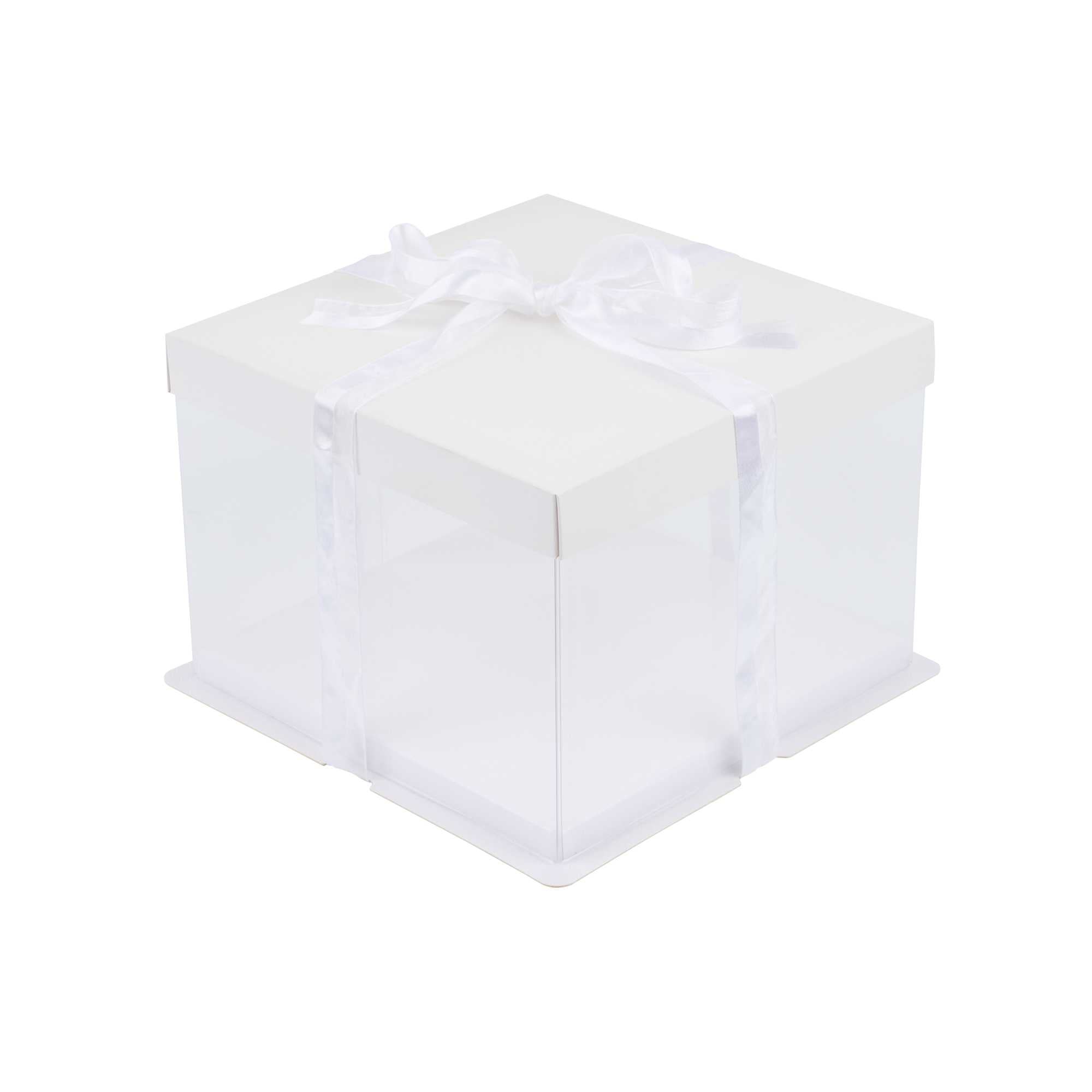 Sweet Vision Square Clear Plastic Cake Box - White Lid and White Base, Gray Ribbon - 8 1/2" x 8 1/2" x 6 3/4" - 10 count box