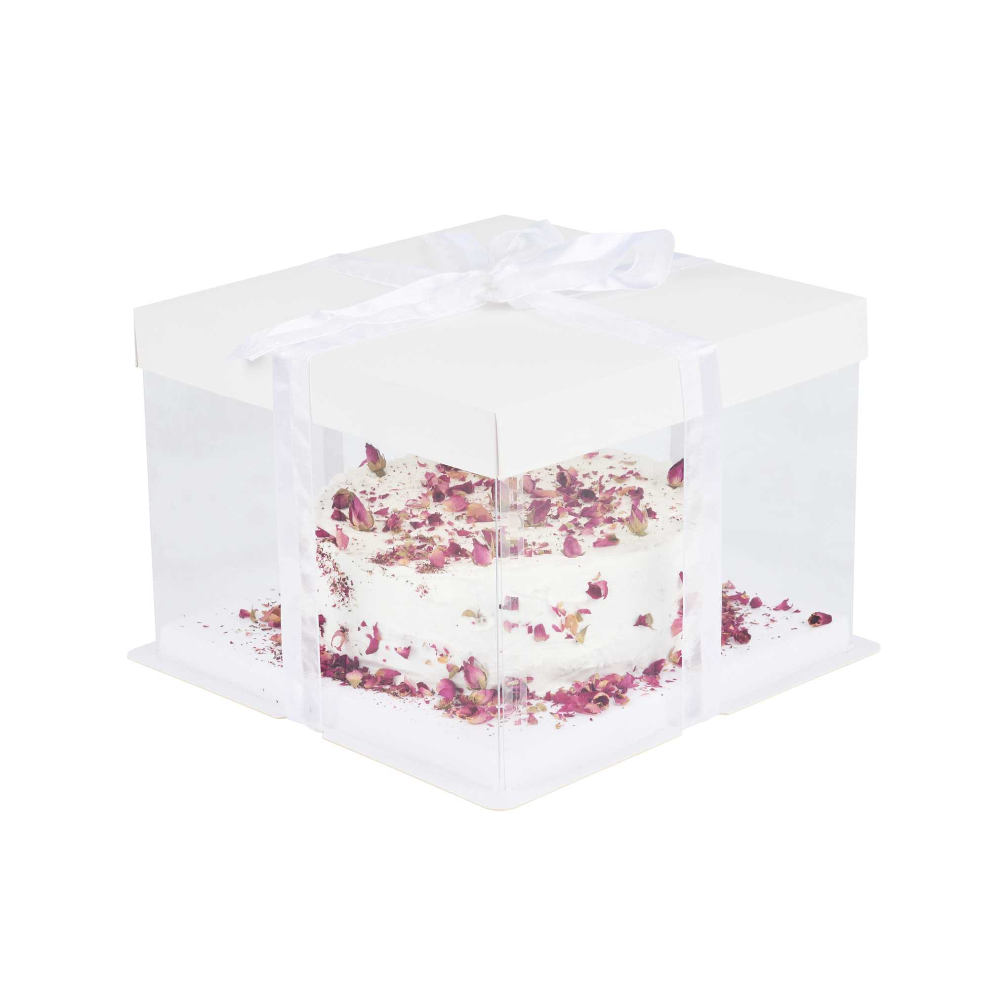 Sweet Vision Square Clear Plastic Cake Box - White Lid and White Base, Gray Ribbon - 8 1/2" x 8 1/2" x 6 3/4" - 10 count box