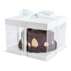 Sweet Vision Square Clear Plastic Cake Box - White Lid and White Base, Gray Ribbon - 8 1/2