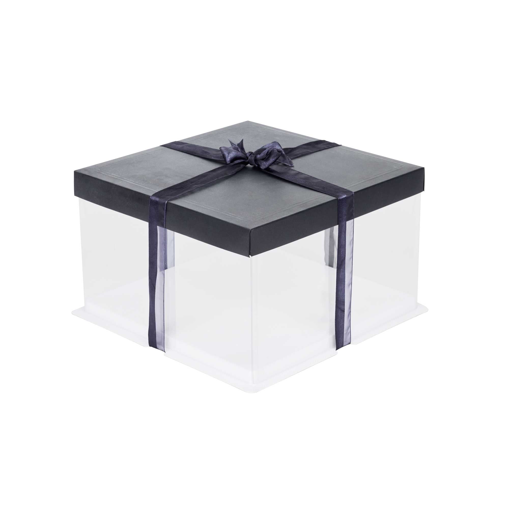 Sweet Vision Square Clear Plastic Cake Box - Black Lid and White Base, Black Ribbon - 10" x 10" x 8 1/4" - 10 count box