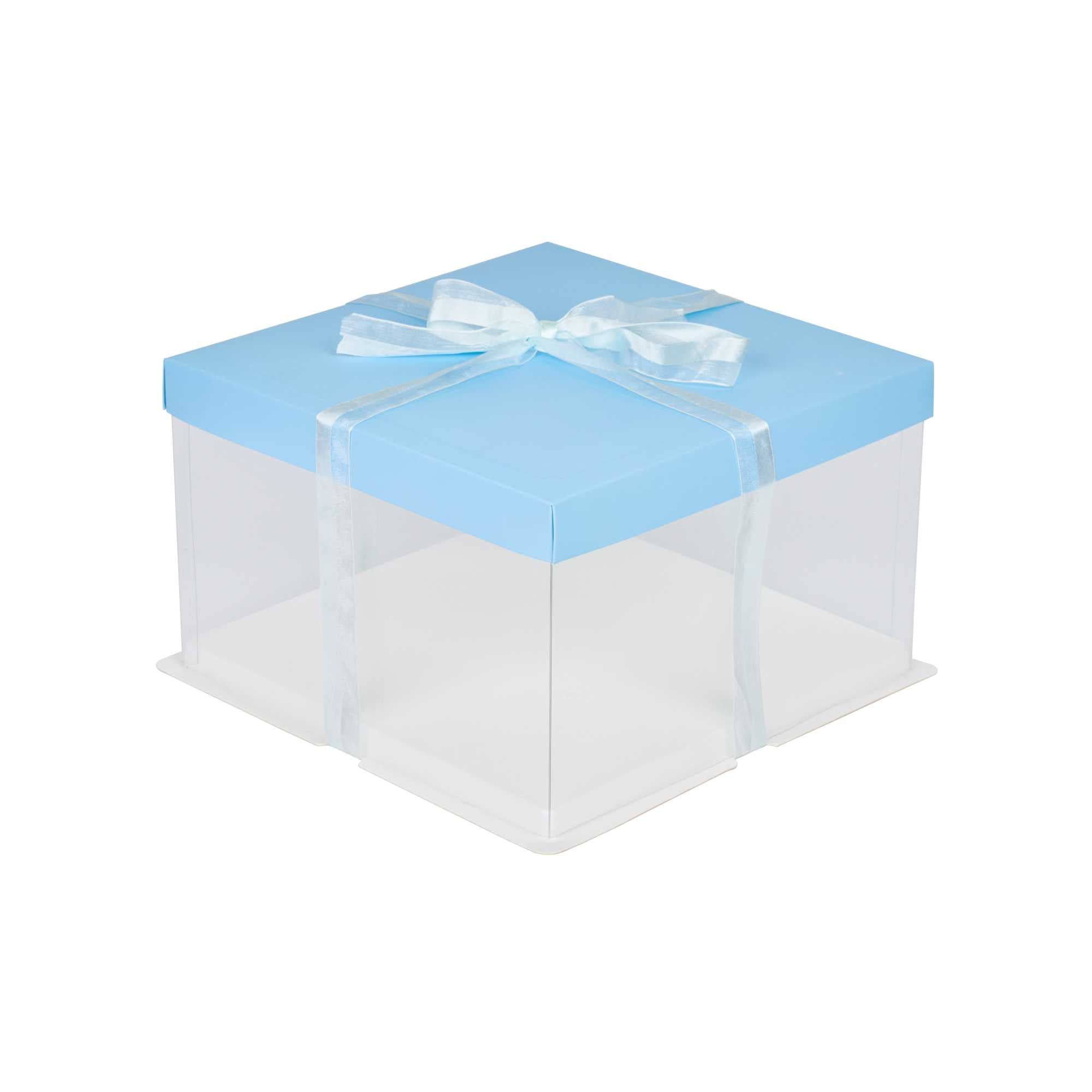 Sweet Vision Square Clear Plastic Cake Box - Blue Lid and White Base, Blue Ribbon - 10" x 10" x 8 1/4" - 10 count box
