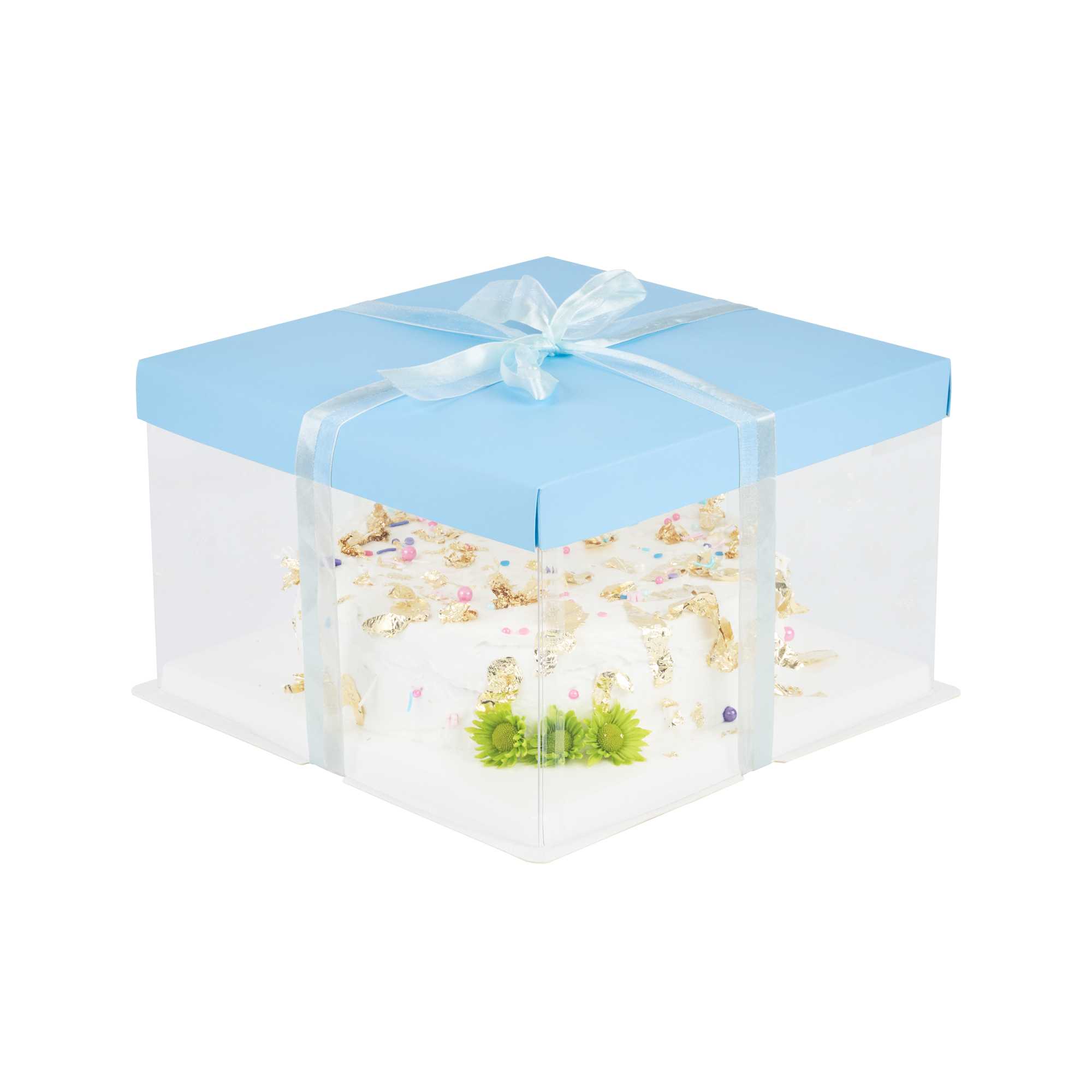 Sweet Vision Square Clear Plastic Cake Box - Blue Lid and White Base, Blue Ribbon - 10" x 10" x 8 1/4" - 10 count box