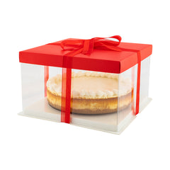 Sweet Vision Square Clear Plastic Cake Box - Red Lid and White Base, Red Ribbon - 10