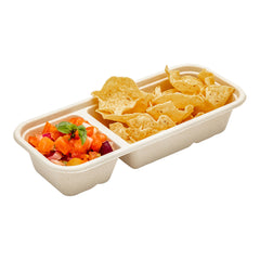 Pulp Tek 17 oz Rectangle Natural Sugarcane / Bagasse Catering Container - 2-Compartment - 9 1/4