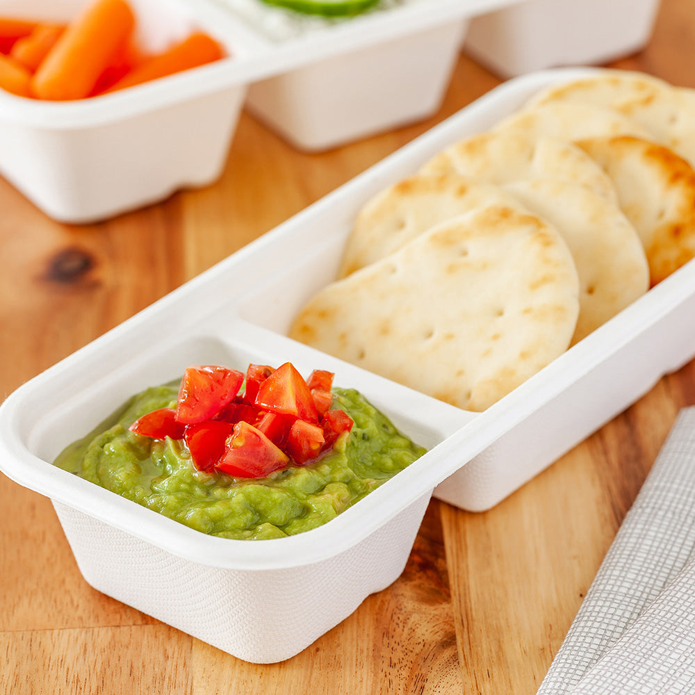 Pulp Tek 17 oz Rectangle White Sugarcane / Bagasse Catering Container - 2-Compartment - 9 1/4" x 3 3/4" x 1 3/4" - 100 count box