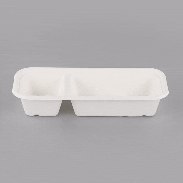 Pulp Tek 17 oz Rectangle White Sugarcane / Bagasse Catering Container - 2-Compartment - 9 1/4" x 3 3/4" x 1 3/4" - 100 count box