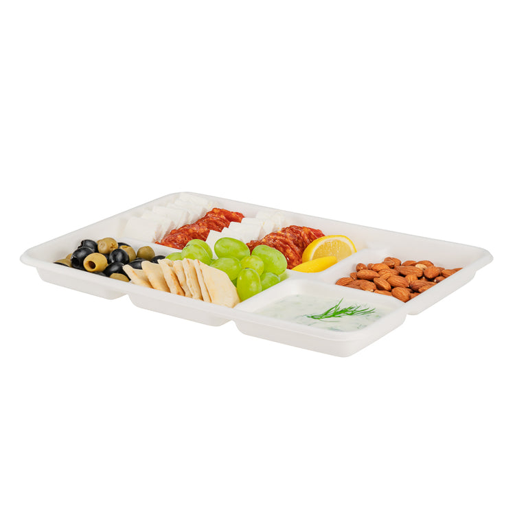 Restaurantware Pulp Tek 10.4 x 8.5 inch Compartment Trays, 100 Large Fiber Food Trays - 5 Compartments, Lids Sold Separately, White Sugarcane