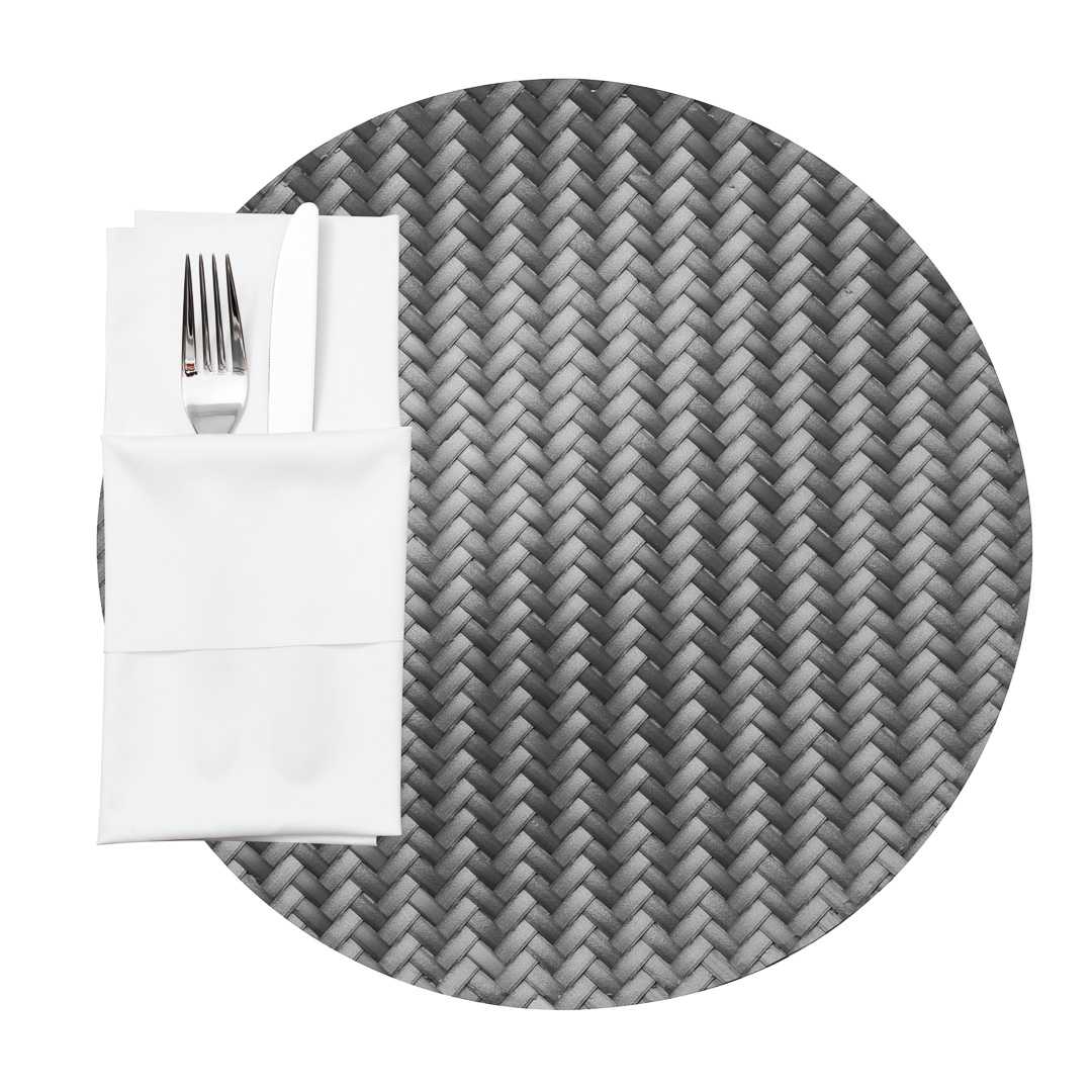 Amalfi Basketweave Woven Round Metallic Gray Pearl Placemat - 15" x 15" - 6 count box