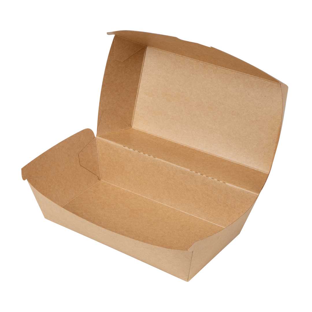 Bio Tek Rectangle Kraft Paper Hot Dog / Sandwich Clamshell Container - 6 3/4" x 3 1/2" x 3 1/2" - 600 count box
