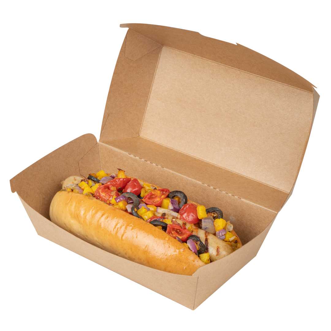 Bio Tek Rectangle Kraft Paper Hot Dog / Sandwich Clamshell Container - 6 3/4" x 3 1/2" x 3 1/2" - 600 count box