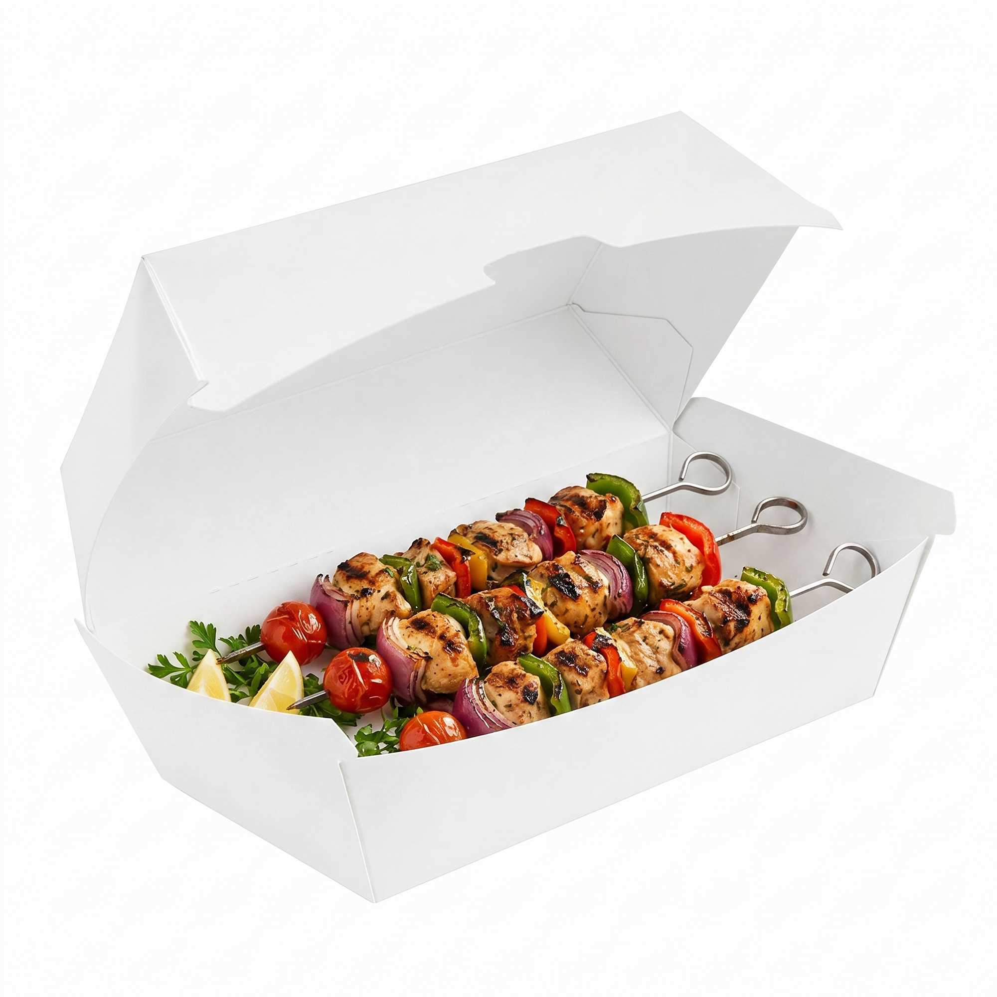 Bio Tek Rectangle White Paper Hot Dog / Sandwich Clamshell Container - 6 3/4" x 3 1/2" x 3 1/2" - 100 count box