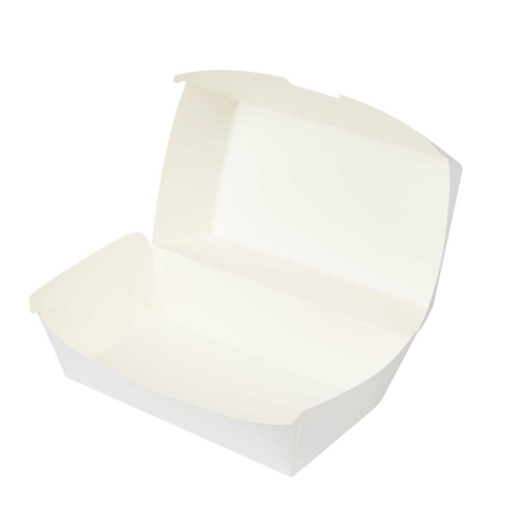 Bio Tek Rectangle White Paper Hot Dog / Sandwich Clamshell Container - 6 3/4" x 3 1/2" x 3 1/2" - 600 count box