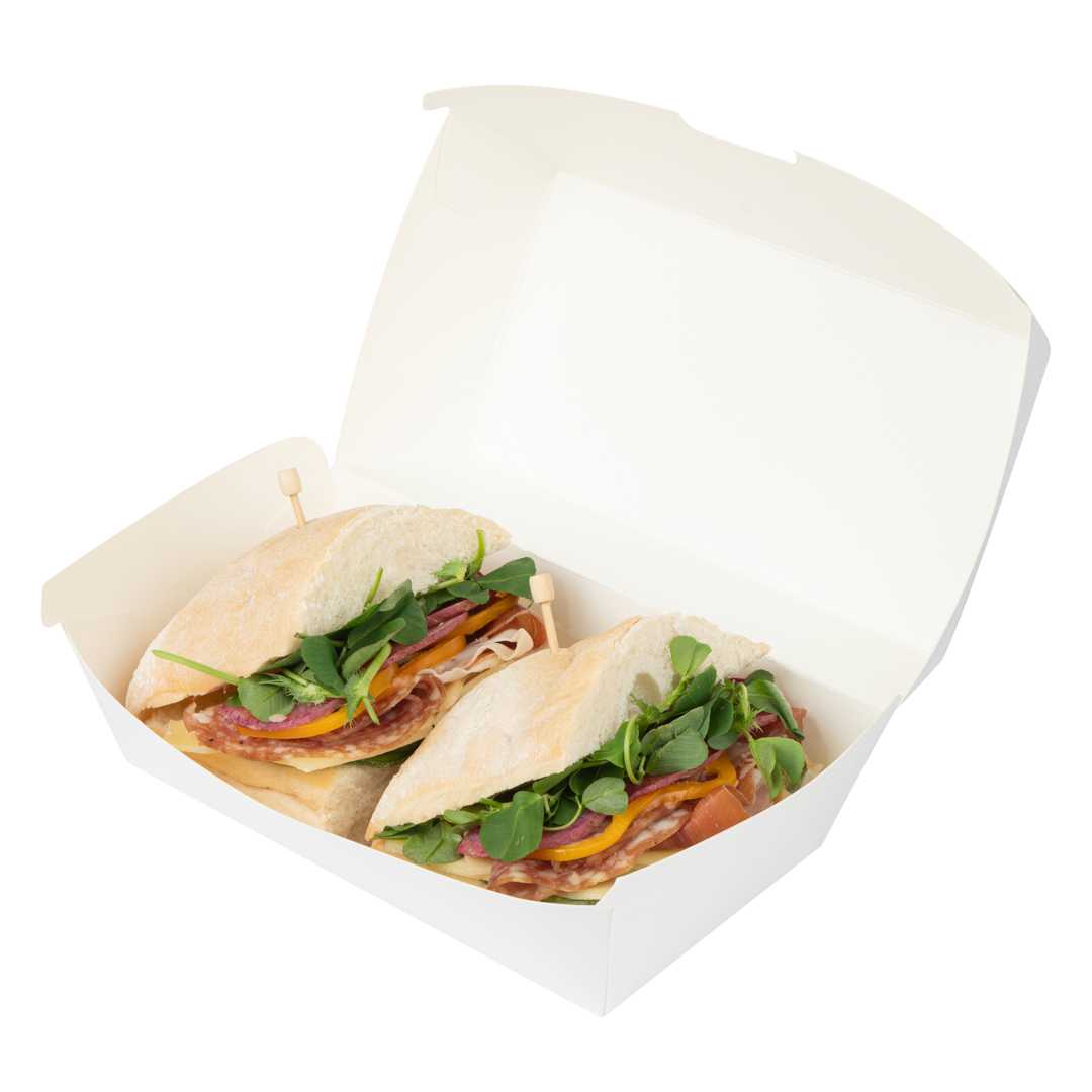 Bio Tek Rectangle White Paper Hot Dog / Sandwich Clamshell Container - 6 3/4" x 3 1/2" x 3 1/2" - 600 count box