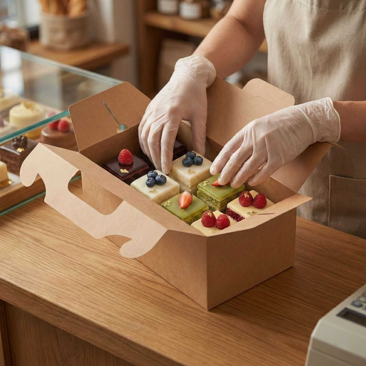 Bio Tek Rectangle Kraft Paper Cake / Take Out Container - with Secure Tab Handle - 10 1/4" x 6" x 6 3/4" - 100 count box