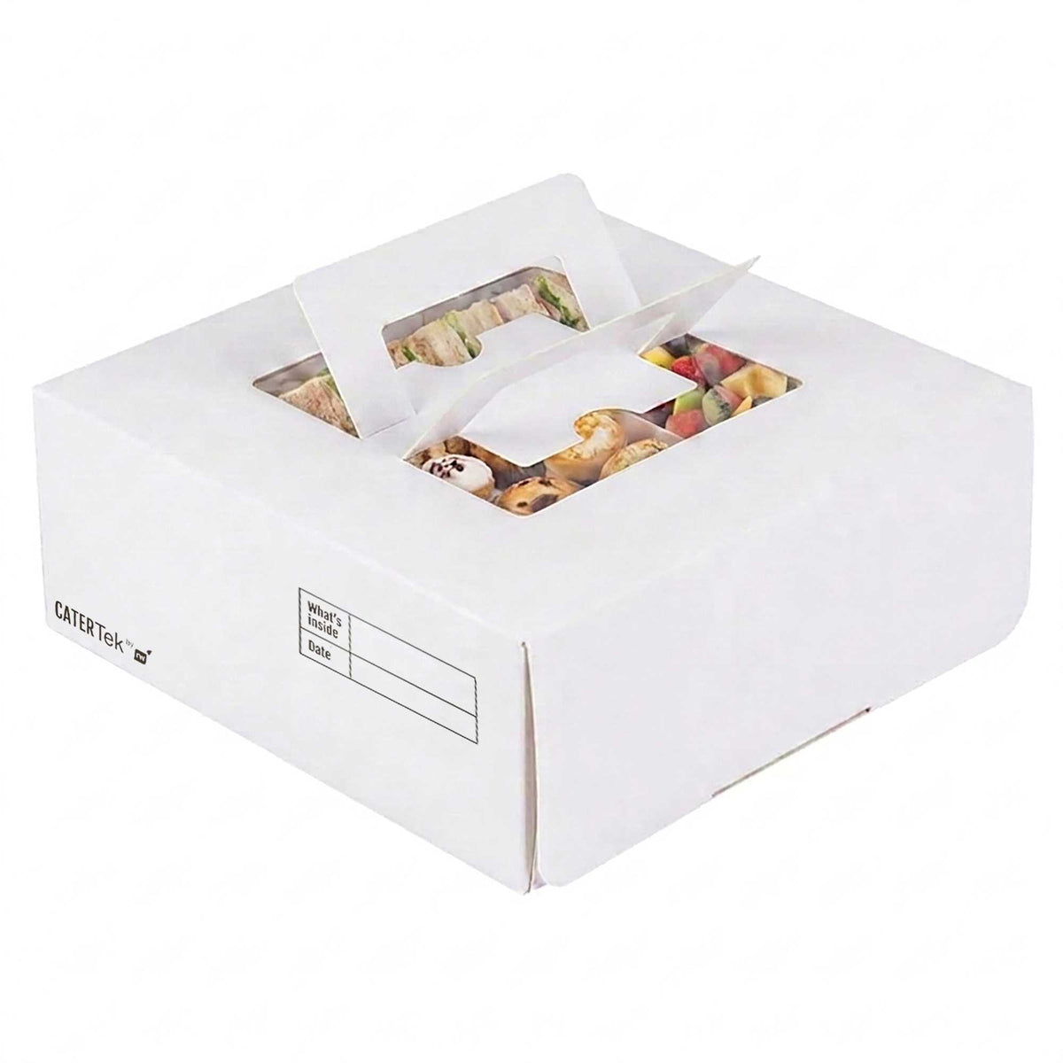Cater Tek Square White and Gray Paper Cake / Take Out Container - with Pop-Up Handle, Window - 9" x 9" x 3 1/2" - 50 count box
