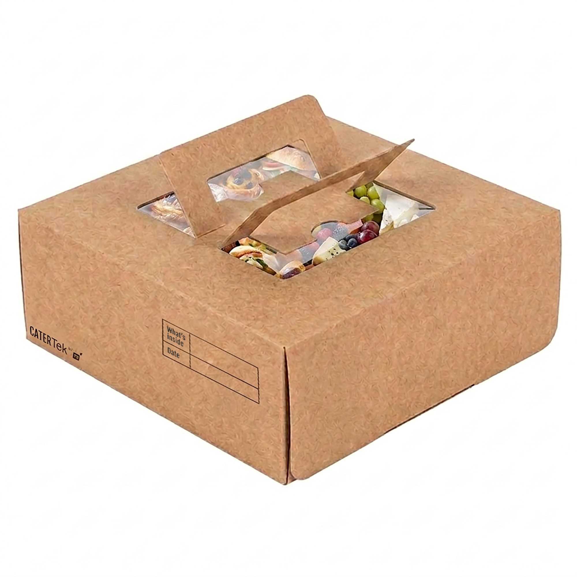 Cater Tek Square Kraft Paper Cake / Take Out Container - with Pop-Up Handle, Window - 9" x 9" x 3 1/2" - 50 count box