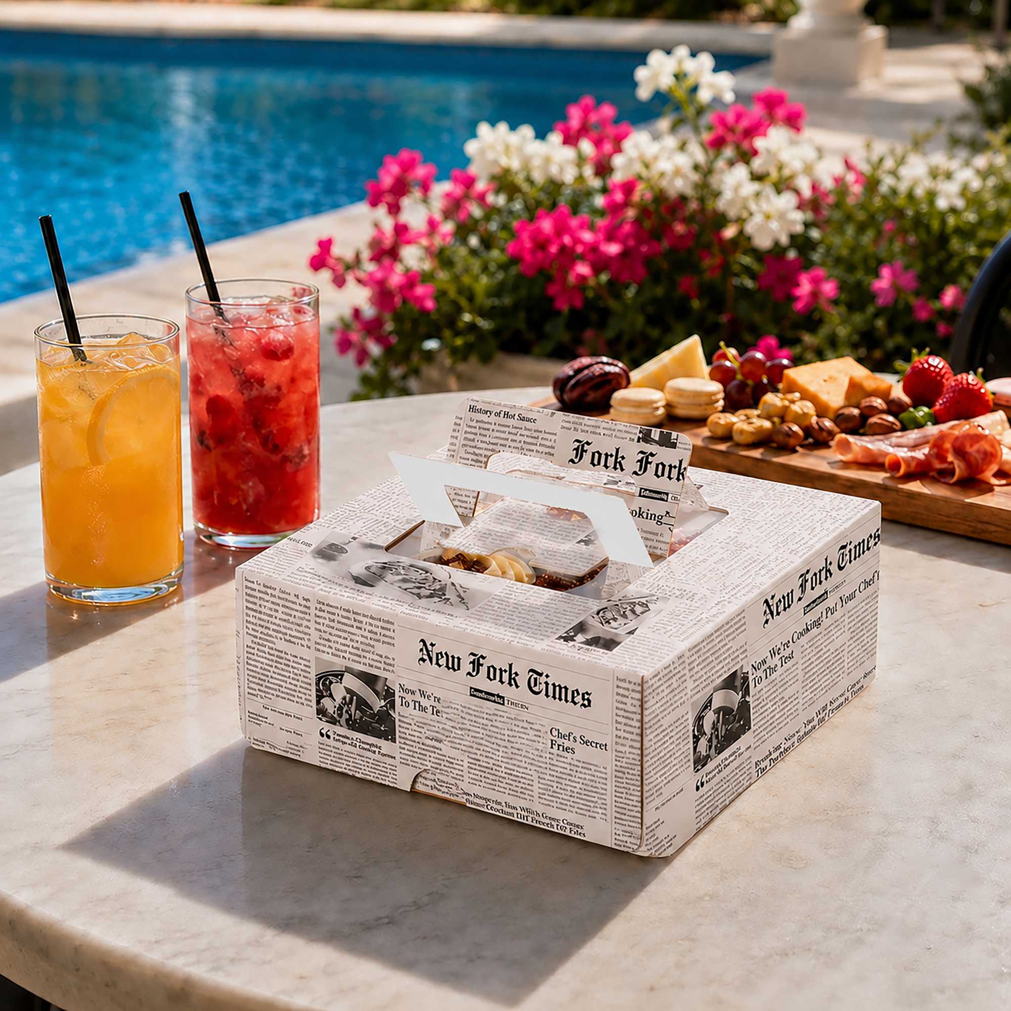 Cater Tek Square Newsprint Paper Cake / Take Out Container - with Pop-Up Handle, Window - 9" x 9" x 3 1/2" - 50 count box