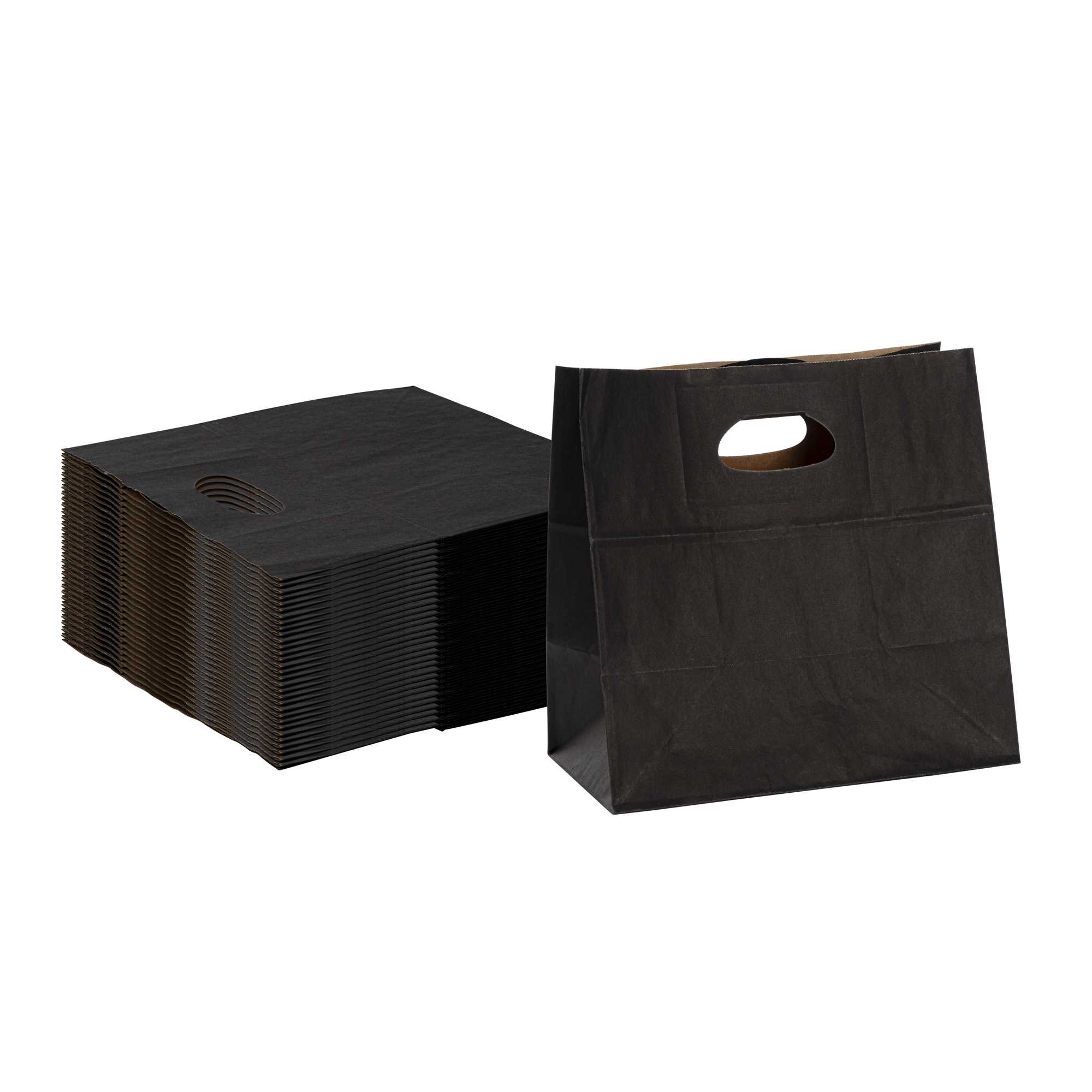 Bag Tek Rectangle Black Paper Take Out Bag - with Handles - 11" x 7" x 11" - 100 count box
