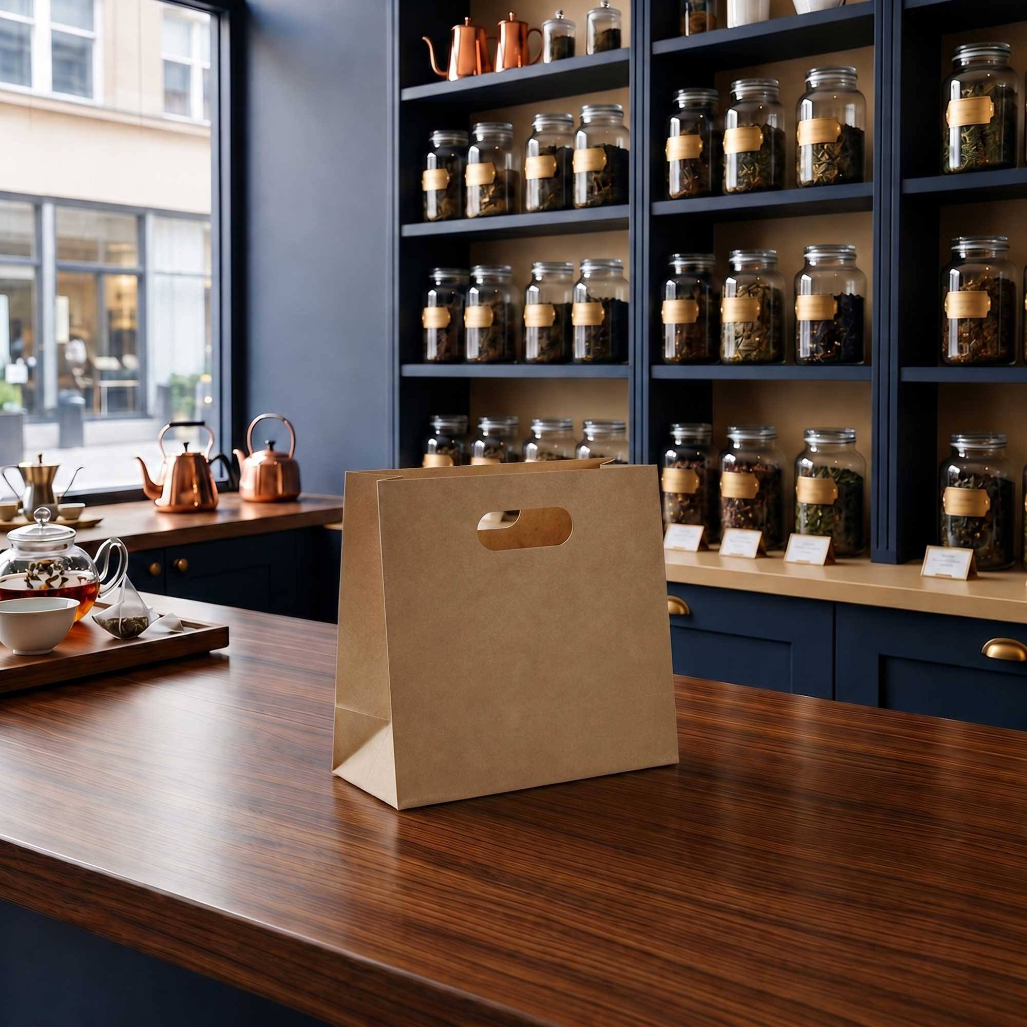 Bag Tek Rectangle Kraft Paper Take Out Bag - with Handles - 11" x 7" x 11" - 100 count box